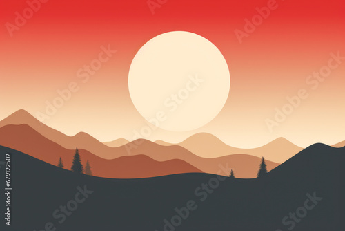 The sun and the mountains in autumn landscape.