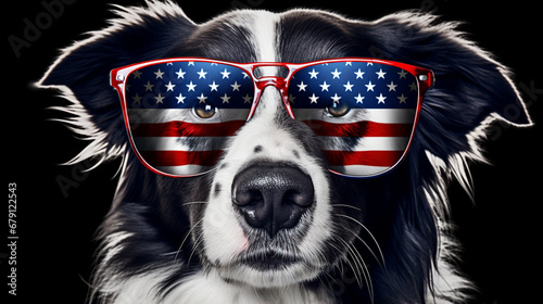 Beautiful border collie in front of a USA flag with sunglasses. generative ai © We3 Animal