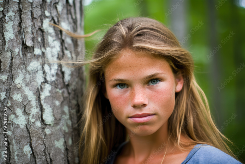A young girl is standing next to a tree. A young girl is standing next to a tree.