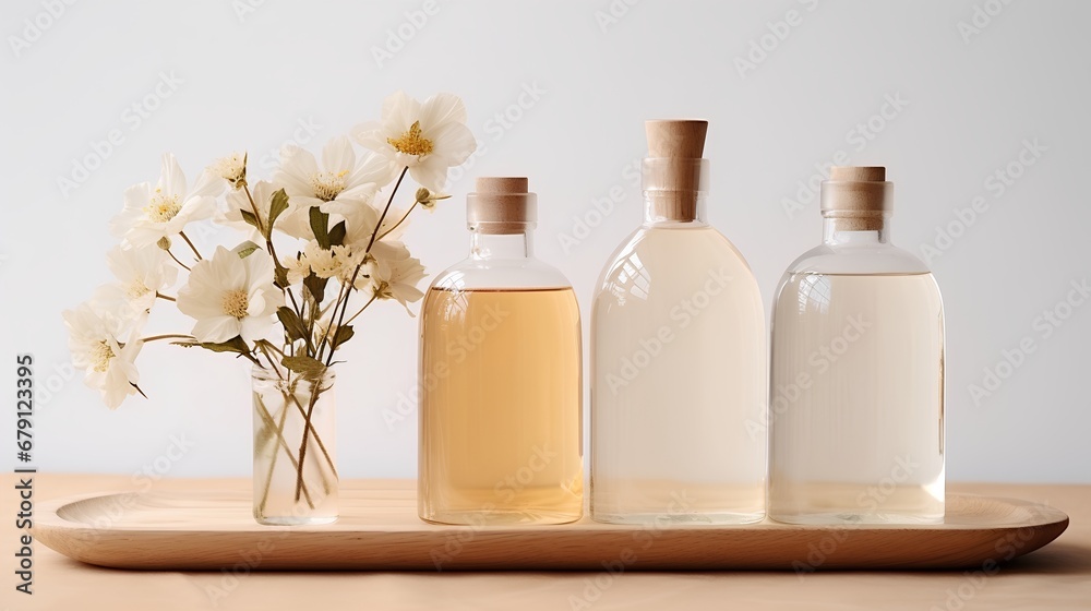 A collection of sleek, transparent, unbranded detergent bottles with a minimalist aesthetic design, suggesting a natural, fresh aroma for home cleaning.