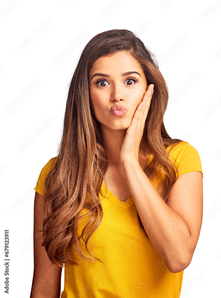 Fototapeta premium Portrait, beauty and pout expression with a woman isolated on transparent background for natural wellness. Face, skincare and a confident young model on PNG to gesture a kissing emoji with her mouth