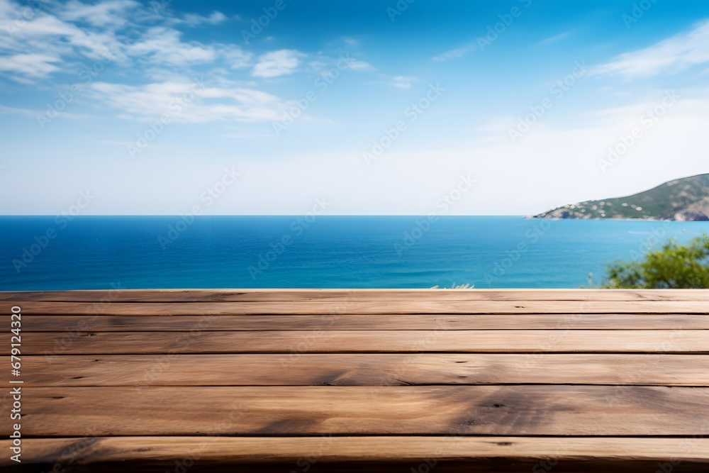 close up of a wooden table with ocean sea view in background