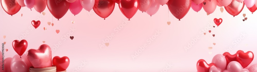 Floating Heart Balloons Pink Backdrop Valentine Day Celebration Romantic Love Cheerful Decoration