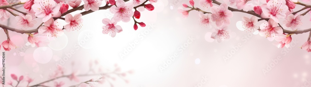 Fototapeta premium Cherry Blossoms Soft Pink Bokeh Light Springtime Freshness Tranquil Nature Banner Background, holiday valentines day.