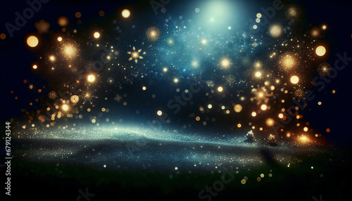 Luxurious Coupon Banner with copy space for Christmas or New Year greeting with bright and shimmering golden sparkling elements and snowflakes  magical atmosphere bokeh on blue background