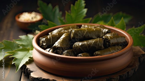 Arabic Cuisine; Traditional delicious stuffed vine leaves on plate. Lebanese Stuffed Grape Leaves photo