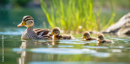 duck and ducklings swimming in lake