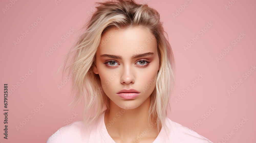 Photo of unhappy young woman bad mood irritated problem raise eyebrow isolated on pink color background. Made with generative ai Photo of unhappy young woman bad mood irritated problem raise eyebrow isolated on pink color background. Made with generative ai