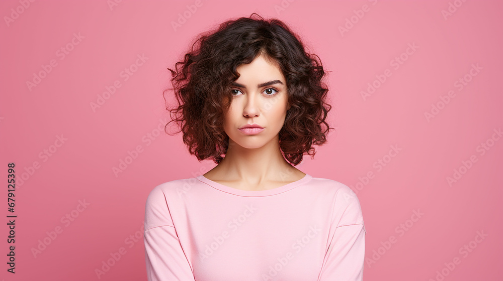 Photo of unhappy young woman bad mood irritated problem raise eyebrow isolated on pink color background. Made with generative ai Photo of unhappy young woman bad mood irritated problem raise eyebrow isolated on pink color background. Made with generative ai