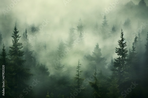 view of a green alpine trees forest with mountains at back covered with fog and mist in winter photo
