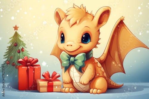 Holiday Charm and Joy  Adorable dragon with Christmas presents  enchanting digital illustration for festive season