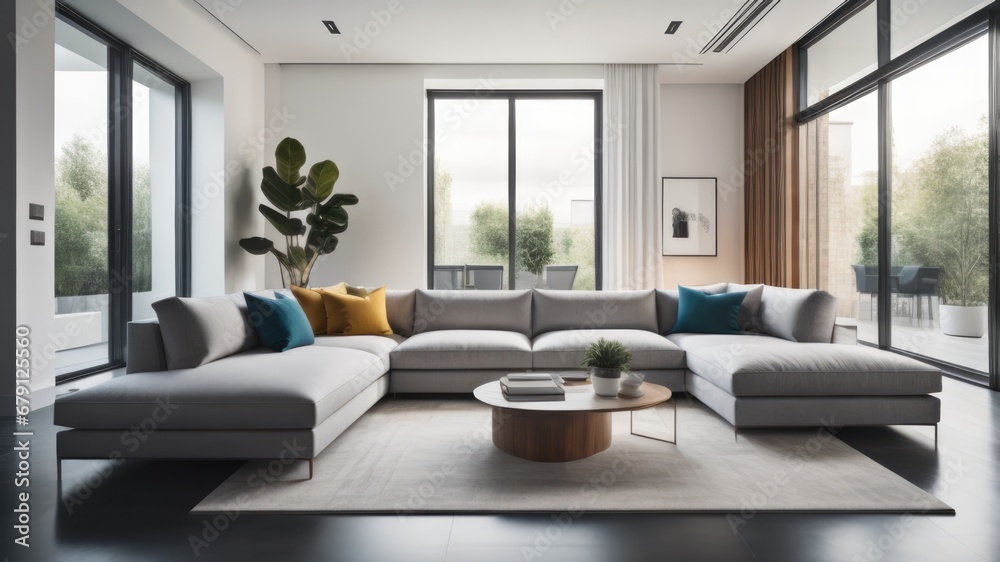 Corner sofa against window near stucco wall with copy space. Minimalist home interior design of modern living room Corner sofa against window near stucco wall with copy space. Minimalist home interior design of modern living room