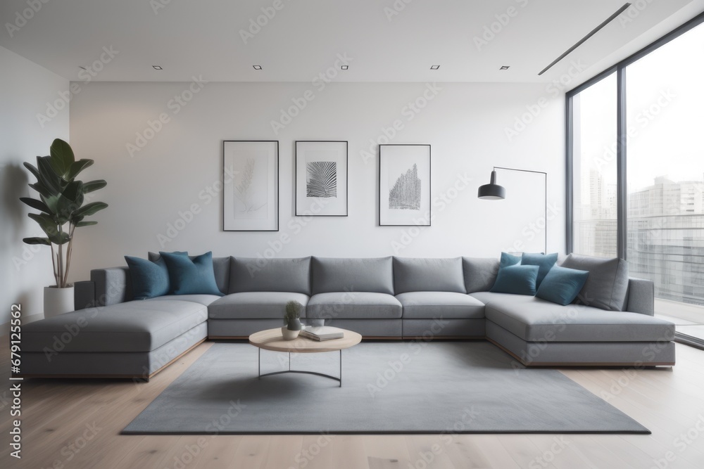 Fototapeta premium Corner sofa against window near stucco wall with copy space. Minimalist home interior design of modern living room