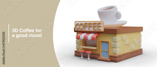 3d realistic coffee for good mood. Coffee shop with big cup on roof and place for guests outside. Poster for store with tasty drinks. Vector illustration with place for text