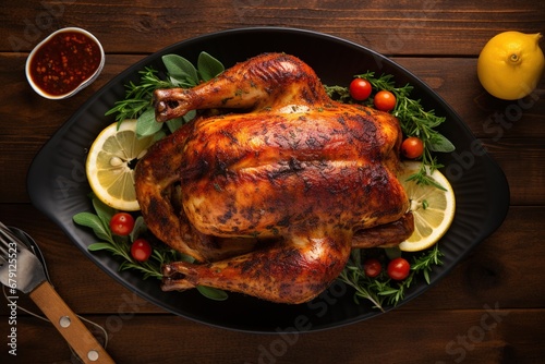 Roast turky on table top overhead view.