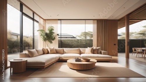 Corner sofa against window near stucco wall with copy space. Minimalist home interior design of modern living room © Marko
