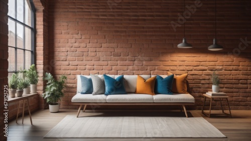 Comfortable sofa against grunge brick wall with copy space. Loft style interior design of modern living room