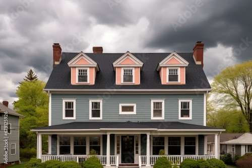 overcast sky above colonial revival house with dormer windows