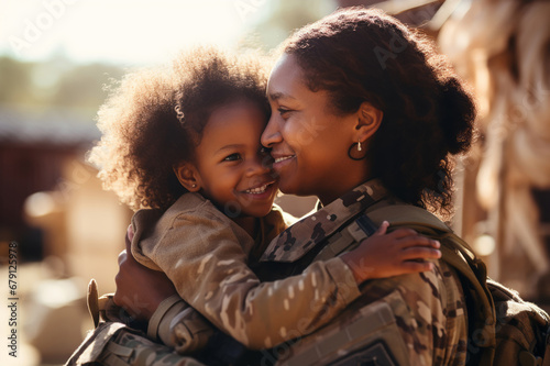 A female soldier of African descent hugs her child with love.