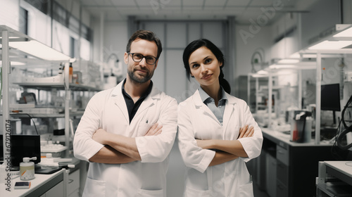 A couple of scientists with their arms crossed looking at the camera