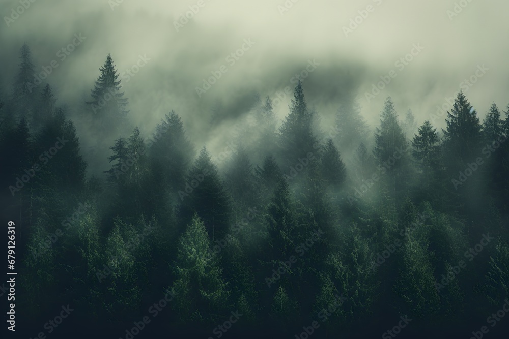 view of a green alpine trees forest with mountains at back covered with fog and mist in winter - obrazy, fototapety, plakaty 