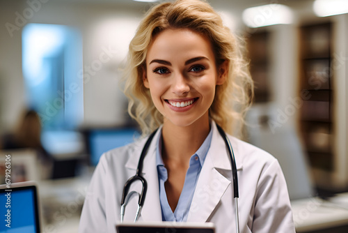 Friendly female doctor or nurse smiling on hospital background