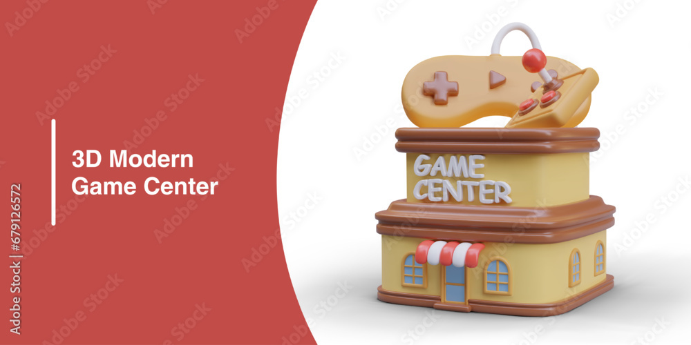 Vecteur Stock Poster with realistic model of modern game center, white ...