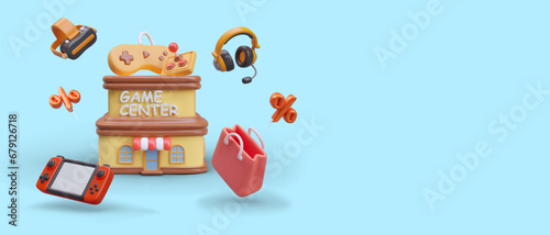Game center. Realistic building with text sign, 3D game gadgets. Console, VR glasses, headphones, shopping bag, percent sign. Shopping with discounts. Advertising of online store of gaming devices