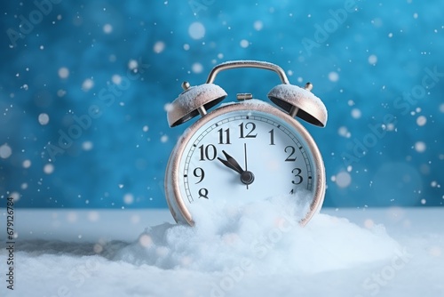 Retro alarm clock in the snow on a blue background. photo