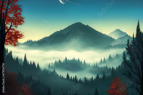 Incredibly village in forest mountains, Coniferous trees in the fog, beautifull lighting photo