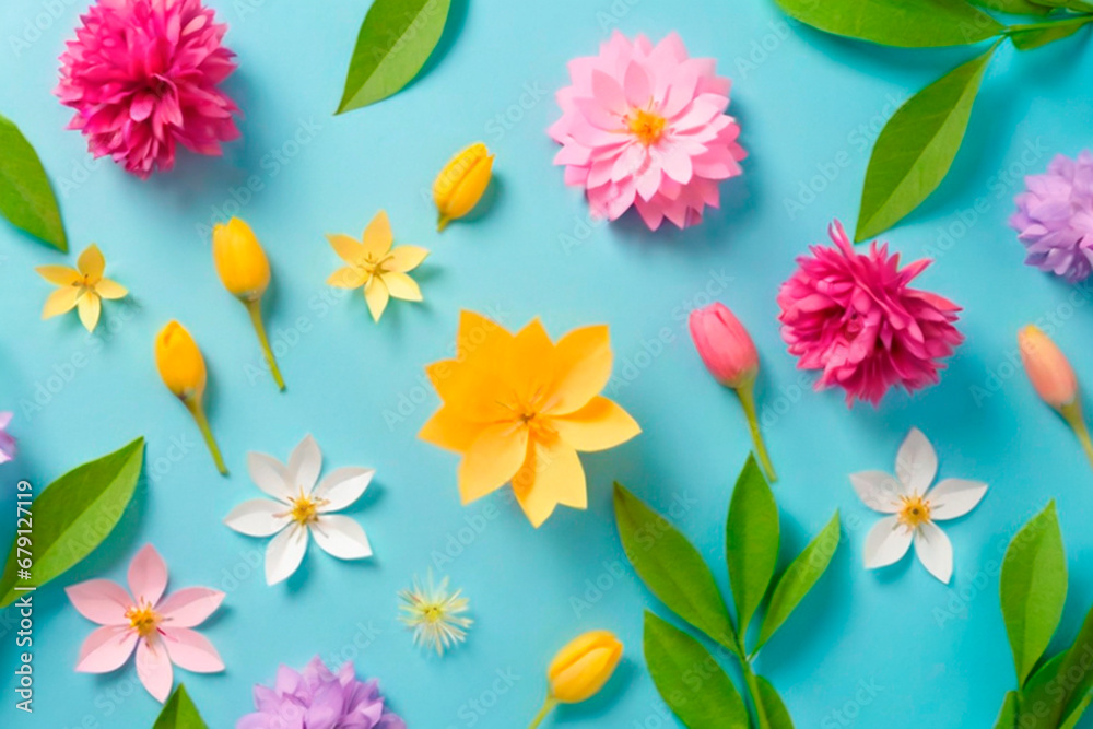 Colorful flowers on blue background. Flat lay, top view.IA generativa Colorful flowers on blue background. Flat lay, top view.IA generativa