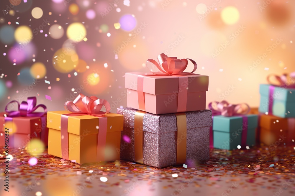 Multiple gift boxes on confetti background. Multiple gift boxes on confetti background.