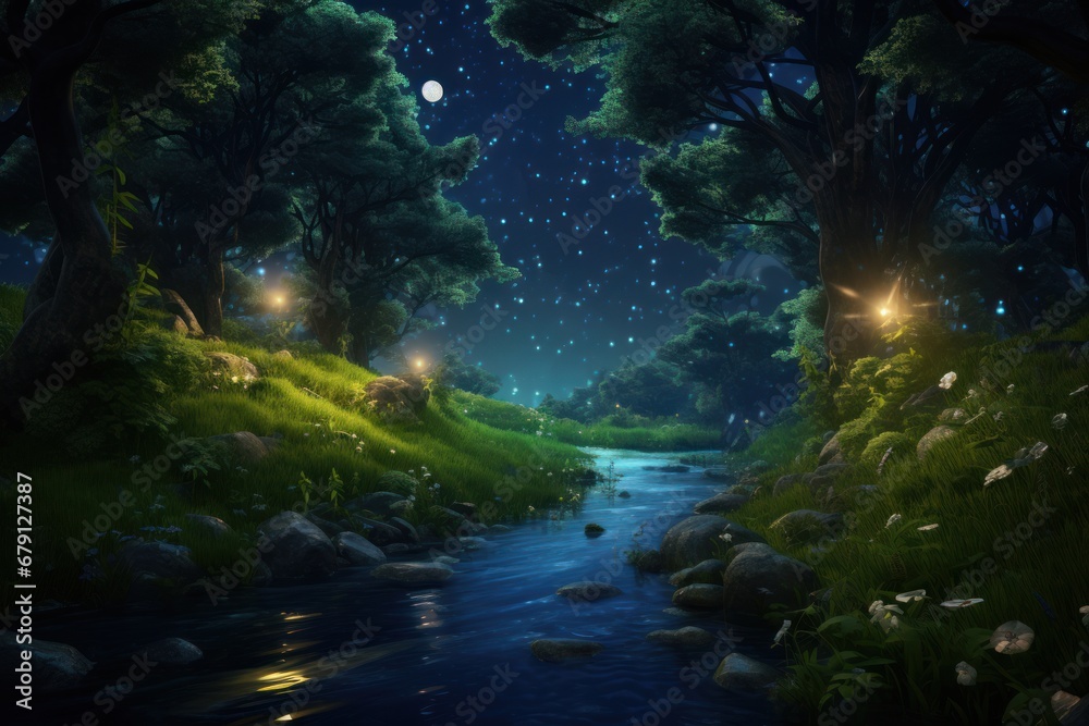 Serene forest stream under the night sky, fireflies dancing, magical light surrounding. Concept: Magical nights and natural fantasy environments.