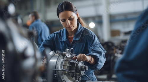 Female mechanical engineer working in machinery in industry. Workers wearing safety glasses. Working. Industrial concept.