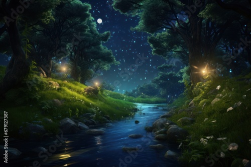 Serene forest stream under the night sky  fireflies dancing  magical light surrounding. Concept  Magical nights and natural fantasy environments.