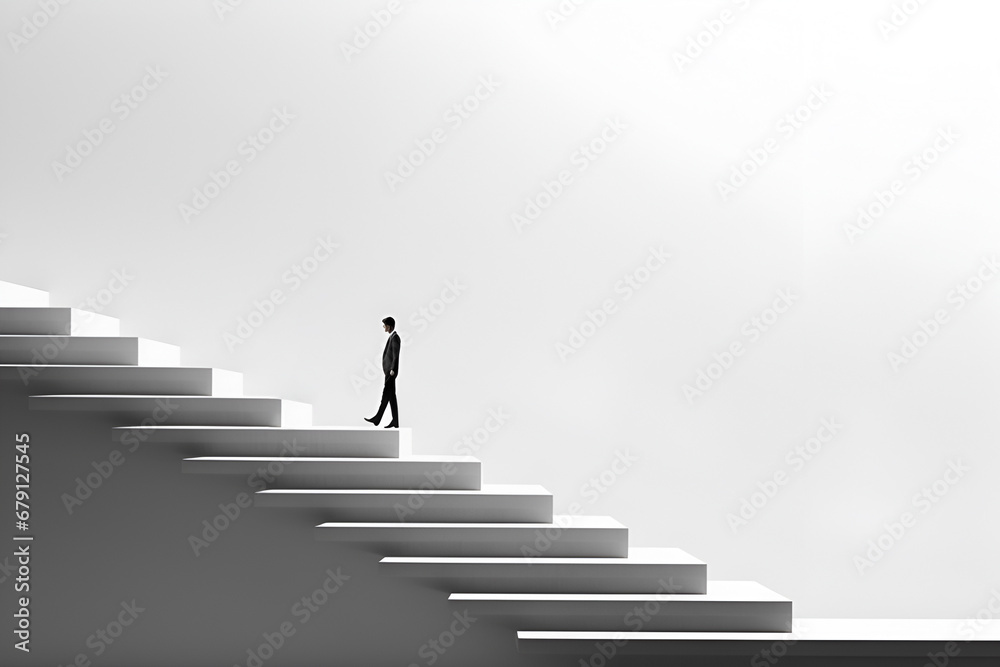Road to discovery concept with man climbing stairs. Way to success, development and leader in business concept