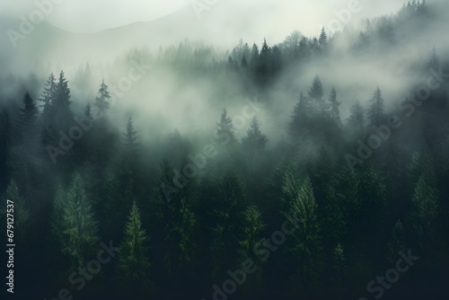 view of a green alpine trees forest with mountains at back covered with fog and mist in winter © DailyLifeImages