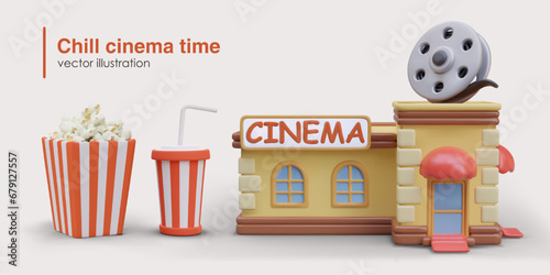 Chill cinema time concept. 3d realistic popcorn, tasty drink in cup and model of modern cinema building. Watching films. Vector illustration with place for text