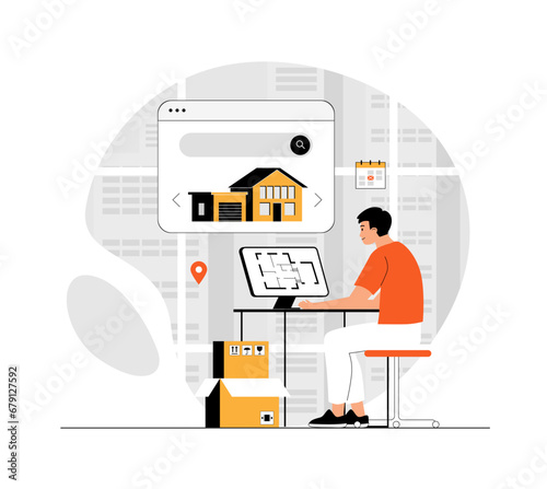 Real estate, online service or platform. Rental app. Man looking for house on website to relocate. Illustration with people scene in flat design for website and mobile development.