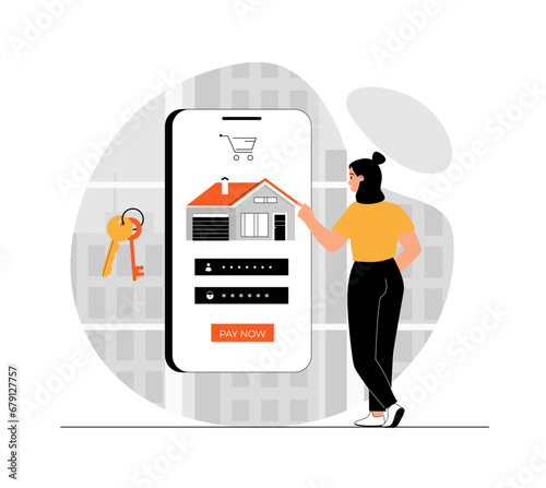 Real estate online. Woman with mobile phone buying house on internet, pay rent, online transfer and transaction, electronic commerce. Illustration with people scene in flat design for website 