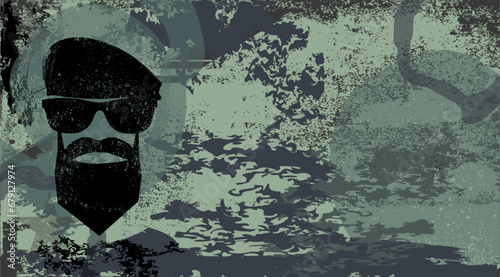 Vektor Silhouette: Cartoon Gesicht mit Barett und Bart - Militärischer Hintergrund Camouflage