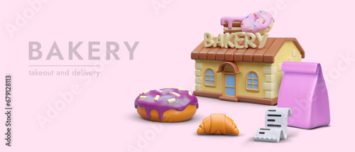 3d model of bakery shop, croissant and donut in realistic style. Order of tasty products online. Vector illustration in pink colors with place for text