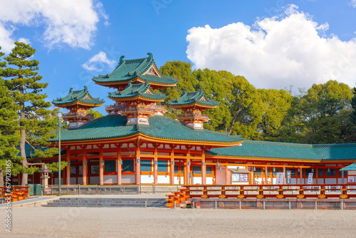 Kyoto, Japan - April 2 2023: Heian Shrine built on the occasion of 1100th anniversary of the capital's foundation in Kyoto, dedicated to the spirits of the first and last emperors who reigned the city photo