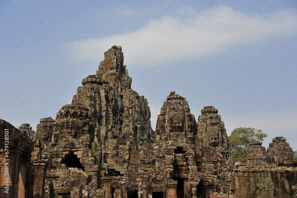 The Bayon is a richly decorated Khmer temple related to Buddhism at Angkor in Cambodia. Built in the late 12th or early 13th century.