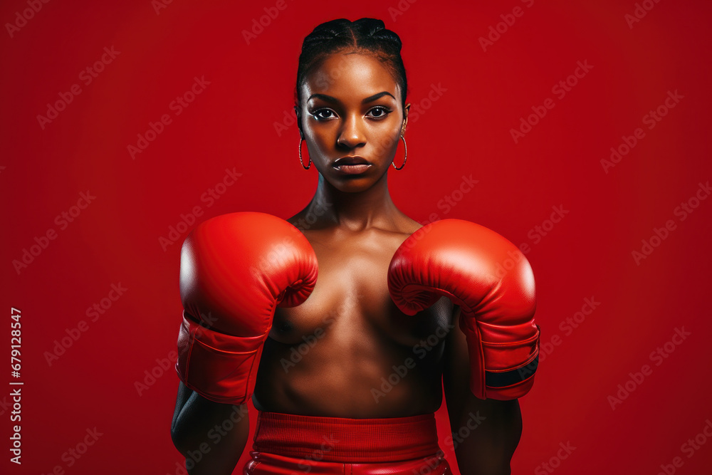 Beautiful afro american woman in red boxing gloves on a red background
