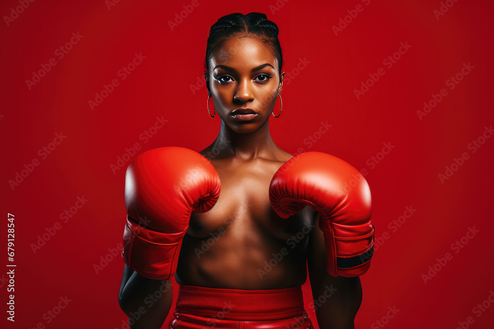 Beautiful afro american woman in red boxing gloves on a red background Beautiful afro american woman in red boxing gloves on a red background