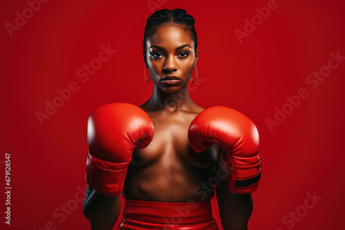 Beautiful afro american woman in red boxing gloves on a red background © Slepitssskaya
