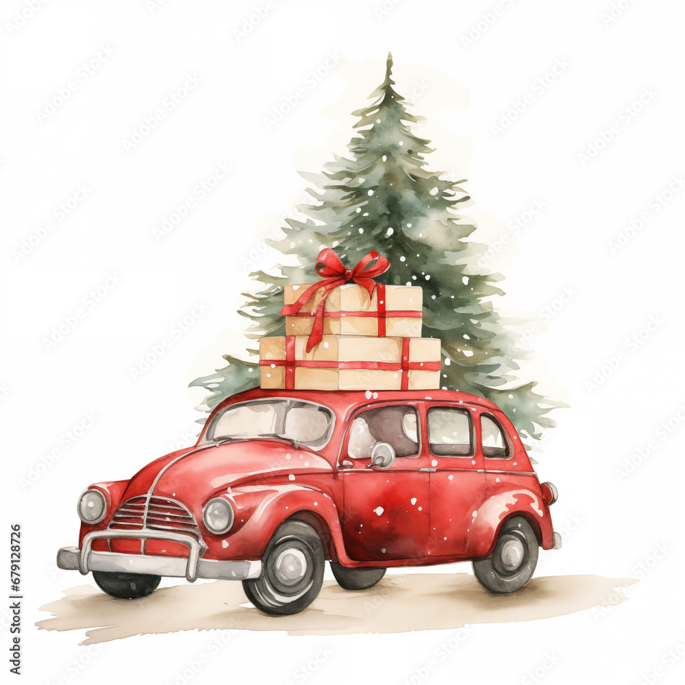Christmas illustration, Watercolor retro red car with gift box, christmas tree, winter holiday