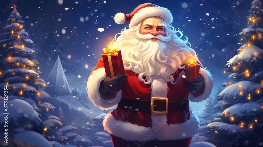 A kind, cheerful Santa Claus with gifts smiles and looks at the camera, against the backdrop of night snowfall and decorated fir trees.