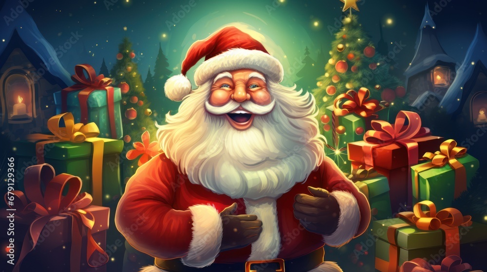 Cheerful Santa Claus with a white beard and a sincere smile, against the background of Christmas gifts and decorated fir trees. Cheerful Santa Claus with a white beard and a sincere smile, against the background of Christmas gifts and decorated fir trees.
